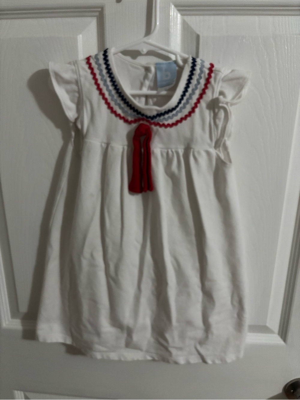 Bella Bliss White Dress with Red Tassel and Navy & Light Blue Rickrack Trim